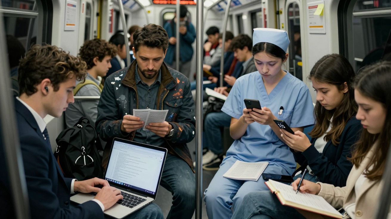 Passageiros no metro, todos absorvidos em atividades: leitura, uso de portáteis e smartphones.