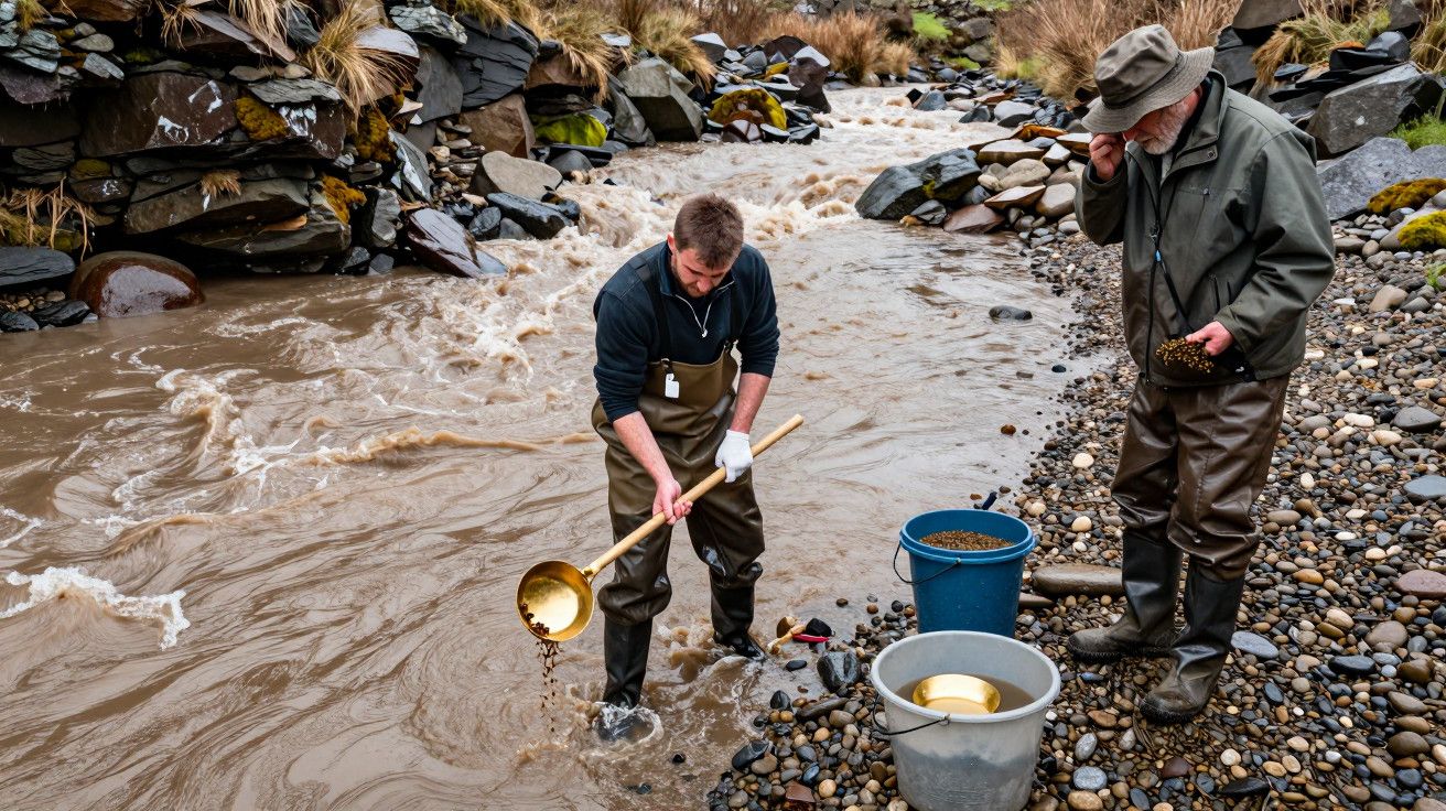 Dois homens recolhem cascalho em rio para pesquisa de ouro, perto de baldes, rodeados por pedras e vegetação.