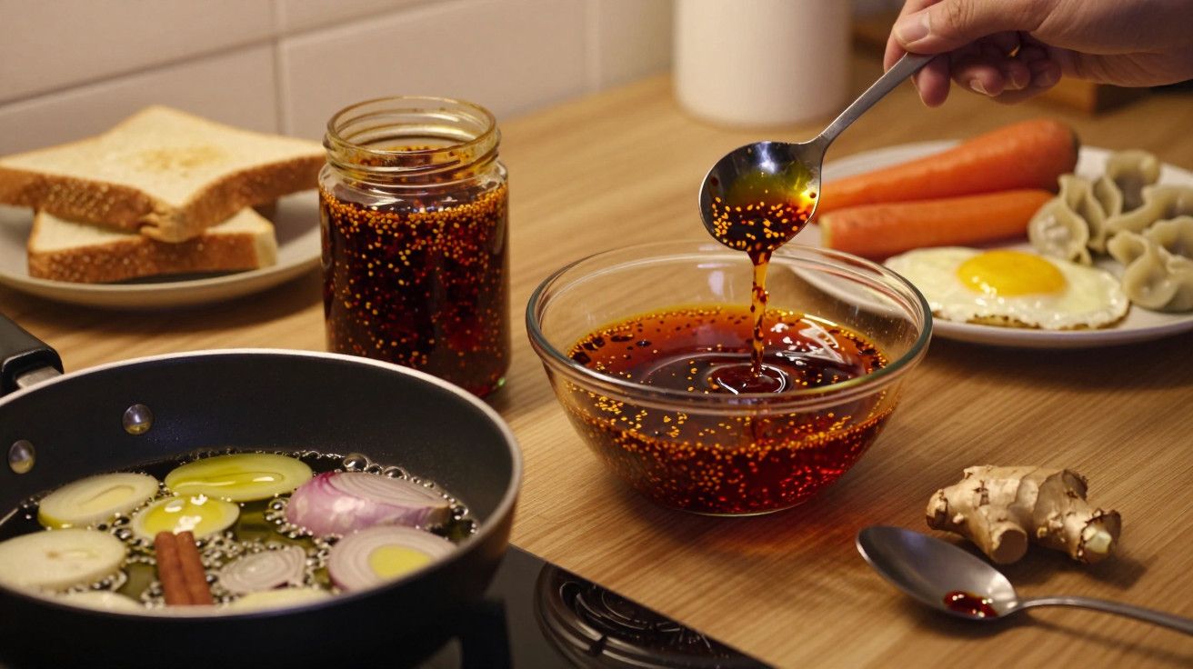 Cozinhar com azeite aromatizado, utensílios e ingredientes como pão, cenoura, ovo estrelado e cebola numa bancada.