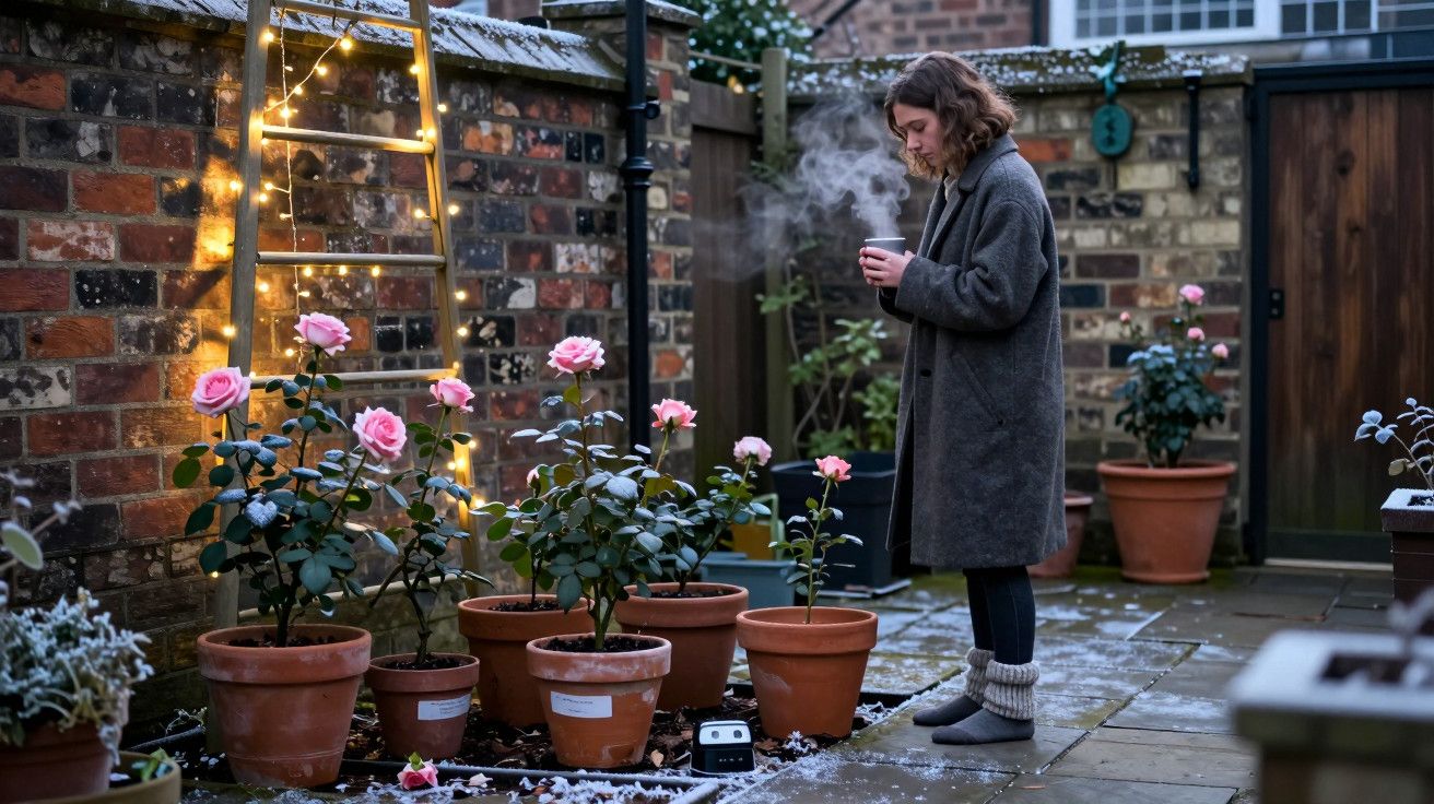 Mulher de casaco observa roseiras em vasos num pátio com neve. Luzes decoram uma escada encostada à parede.