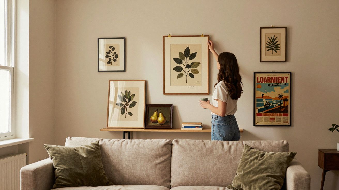 Mulher ajusta quadro de folhas em sala de estar com sofá bege, almofadas verdes e decoração botânica nas paredes.