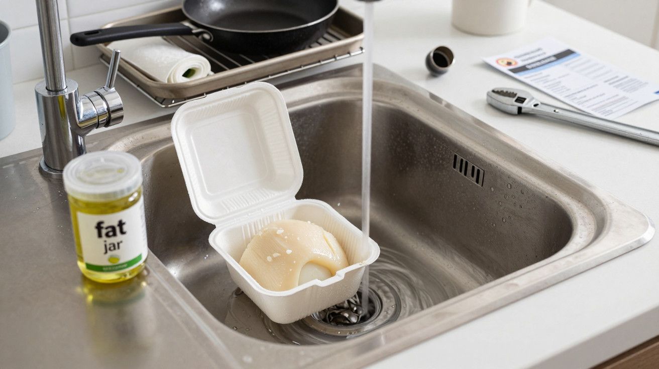 Recipiente de comida usado sob água num lava-loiça, ao lado de um frasco de óleo "fat jar" e utensílios de cozinha.