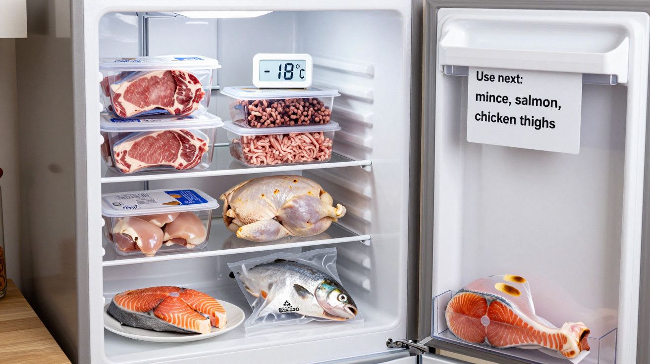 Congelador aberto com carnes e peixes embalados; termómetro mostra -18°C. Nota recomenda usar picada, salmão e coxas de frang
