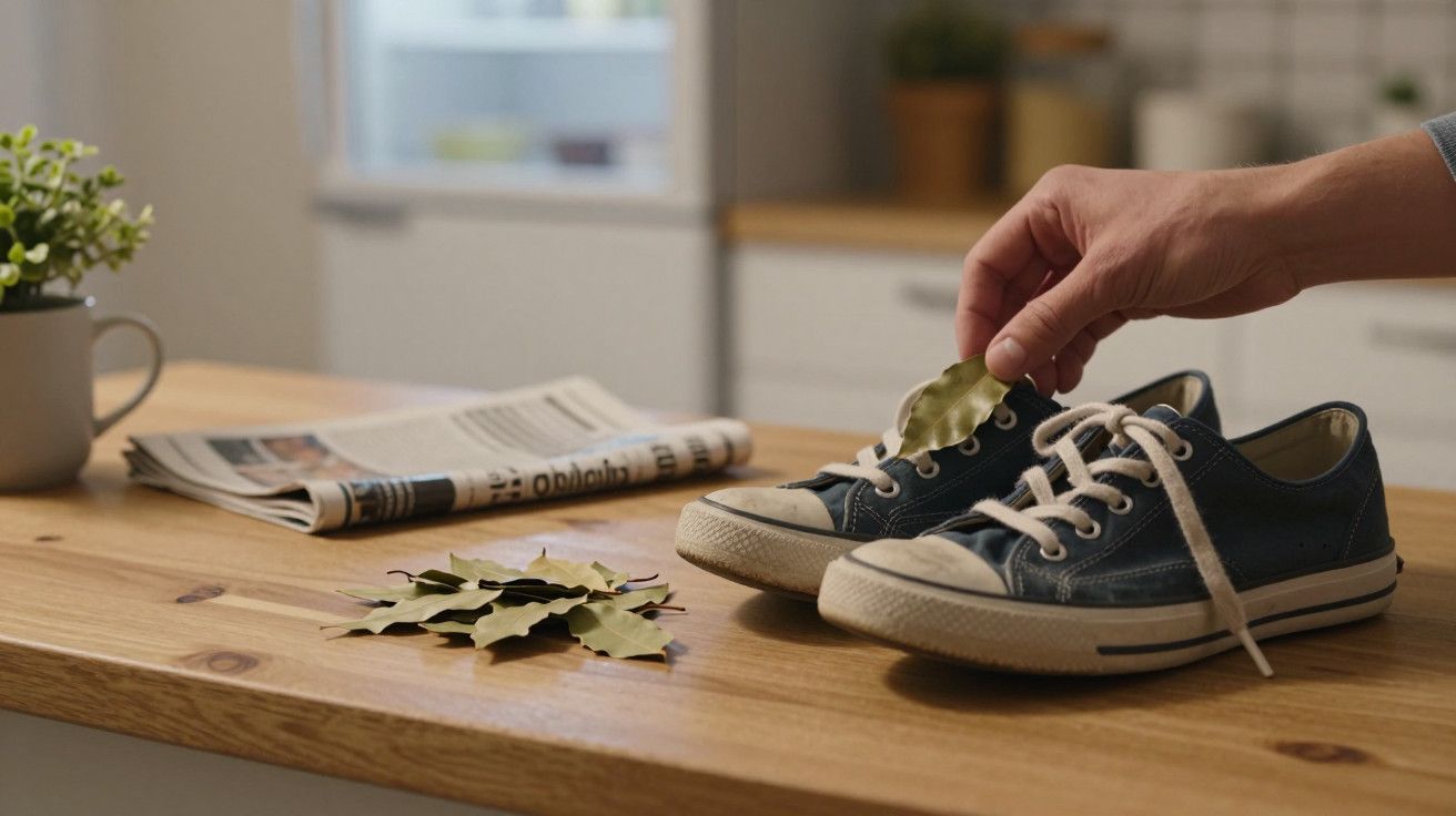 Mão coloca folha de louro em ténis azuis sobre mesa de madeira, jornal e folhas ao lado.