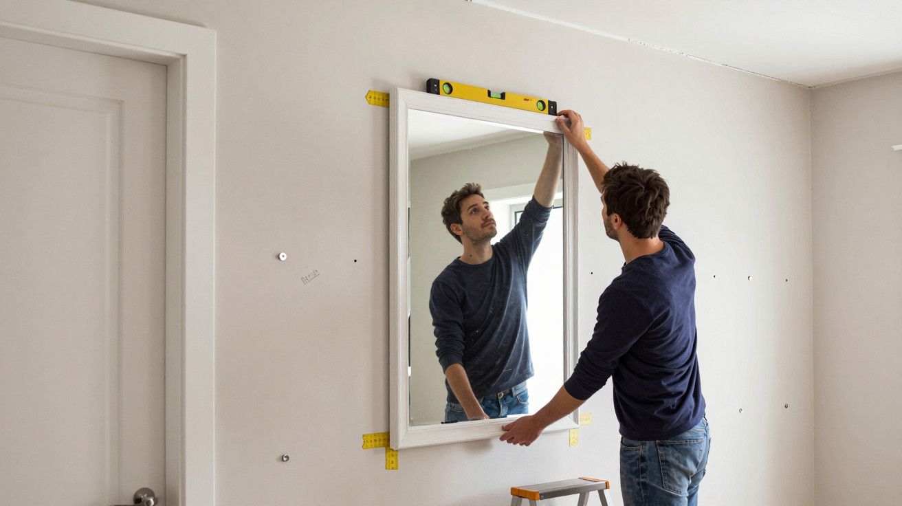 Homem pendura espelho grande na parede, usando um nível para garantir alinhamento, numa sala iluminada.