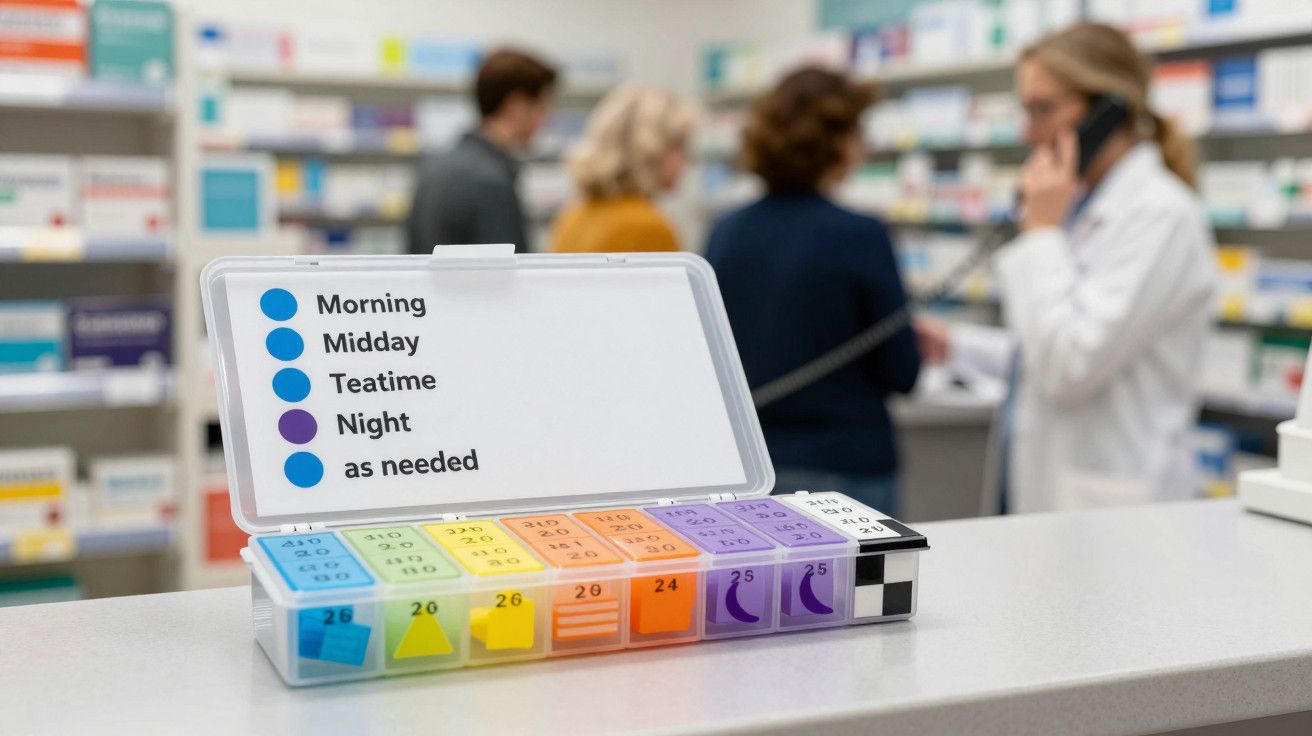 Caixa semanal de comprimidos com divisões coloridas, em farmácia com farmacêutica ao telefone em segundo plano.