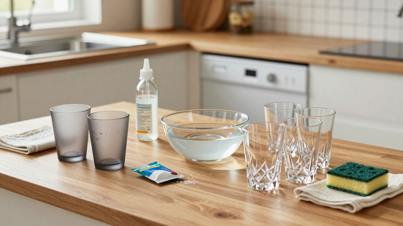 Cozinha com copos, taça de água, produto de limpeza, esponja e detergente sobre balcão de madeira clara.