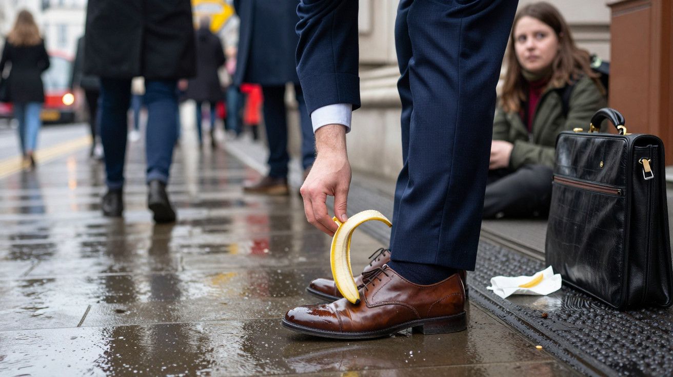 Homem escorrega numa casca de banana na calçada molhada, com mala e transeuntes ao fundo.