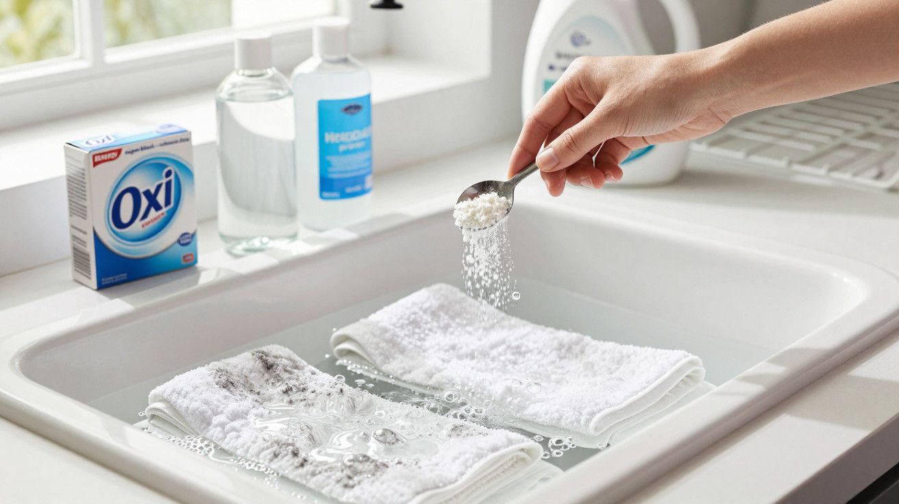 Mão adiciona pó de limpeza a uma bacia com toalhas brancas ensaboadas; produtos de limpeza ao fundo.
