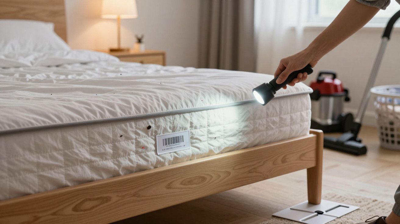 Pessoa a inspecionar um colchão com uma lanterna num quarto iluminado.