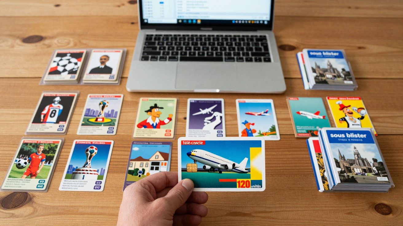 Mesa de madeira com cartas colecionáveis e computador portátil aberto ao fundo. Mão segura carta com imagem de avião.