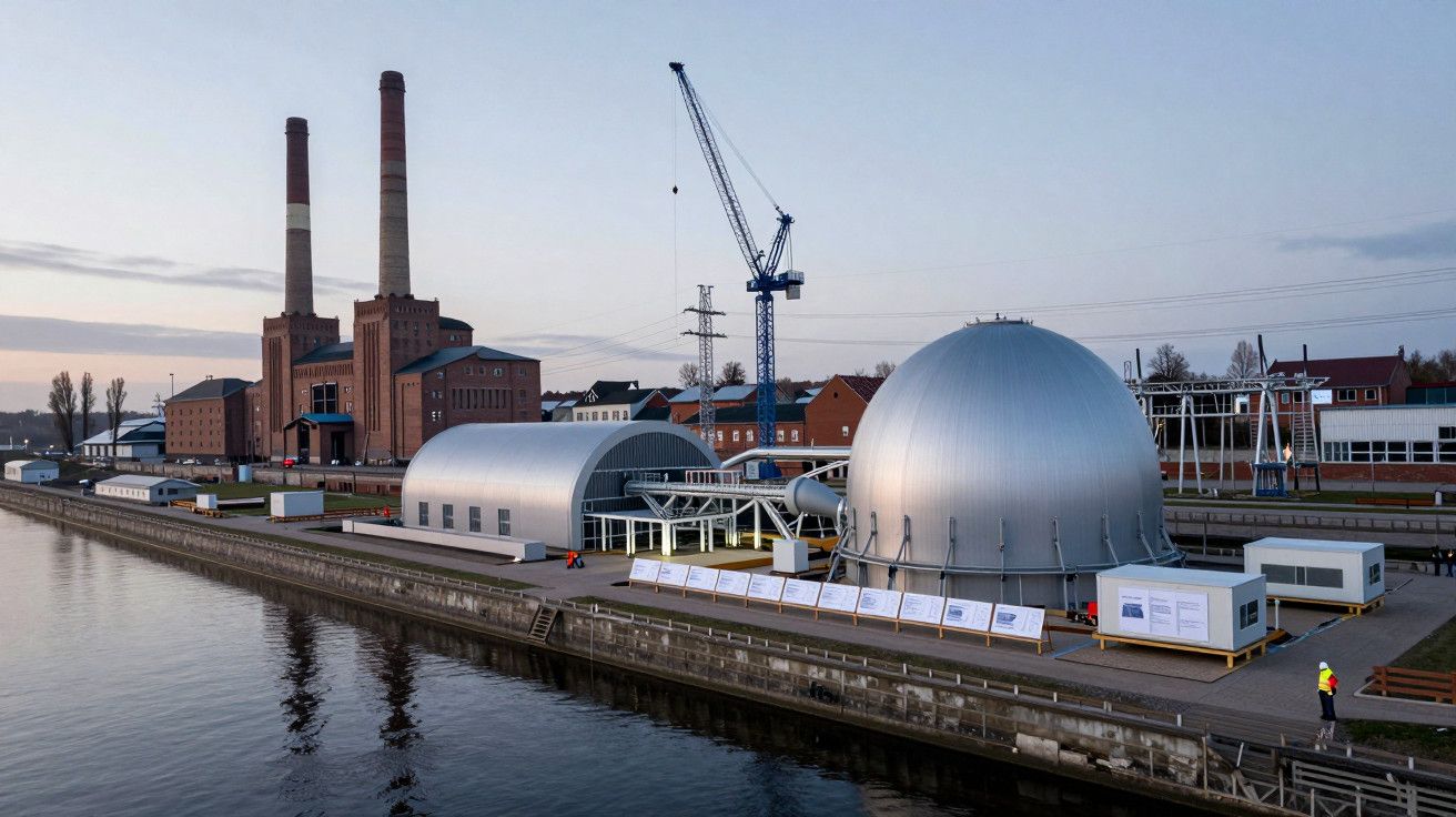 Vista de uma central energética perto de um rio, com edifícios industriais, cúpulas metálicas e uma grua ao fundo.