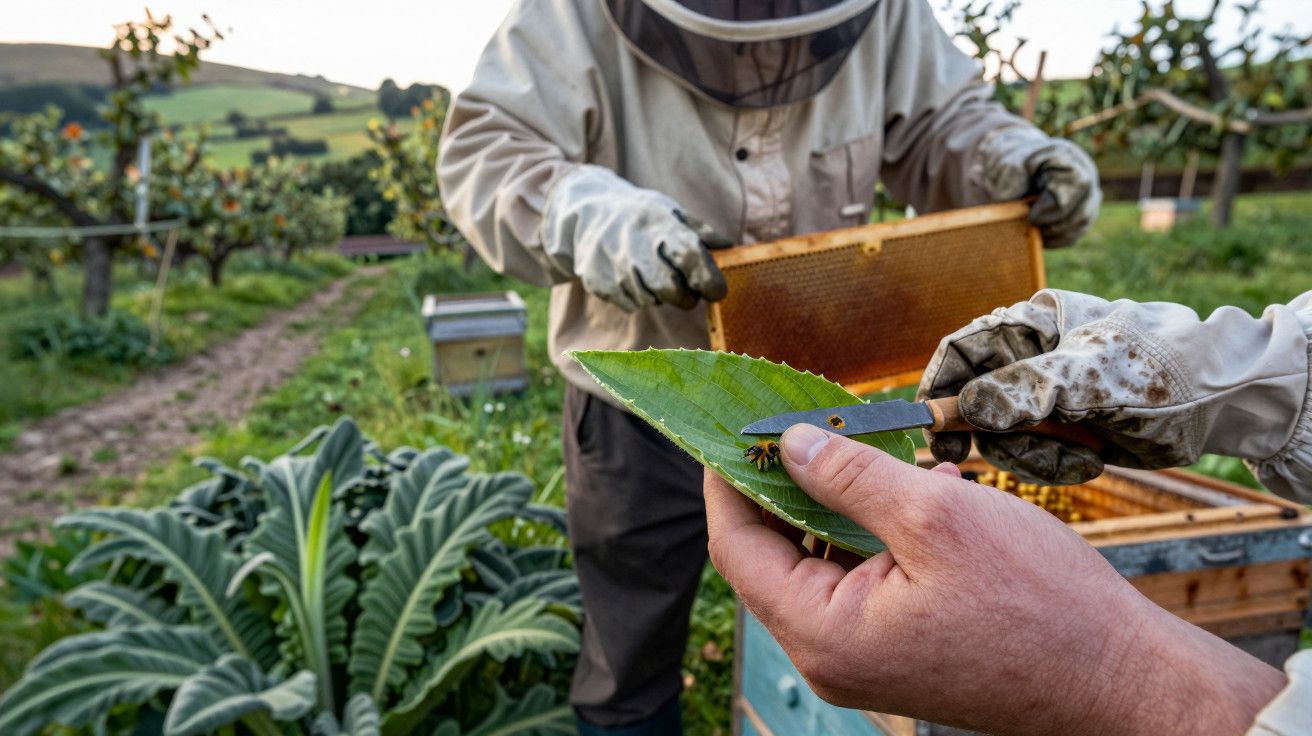 Apicultor com roupa de proteção examina uma abelha sobre uma folha, com colmeias ao fundo num campo verdejante.