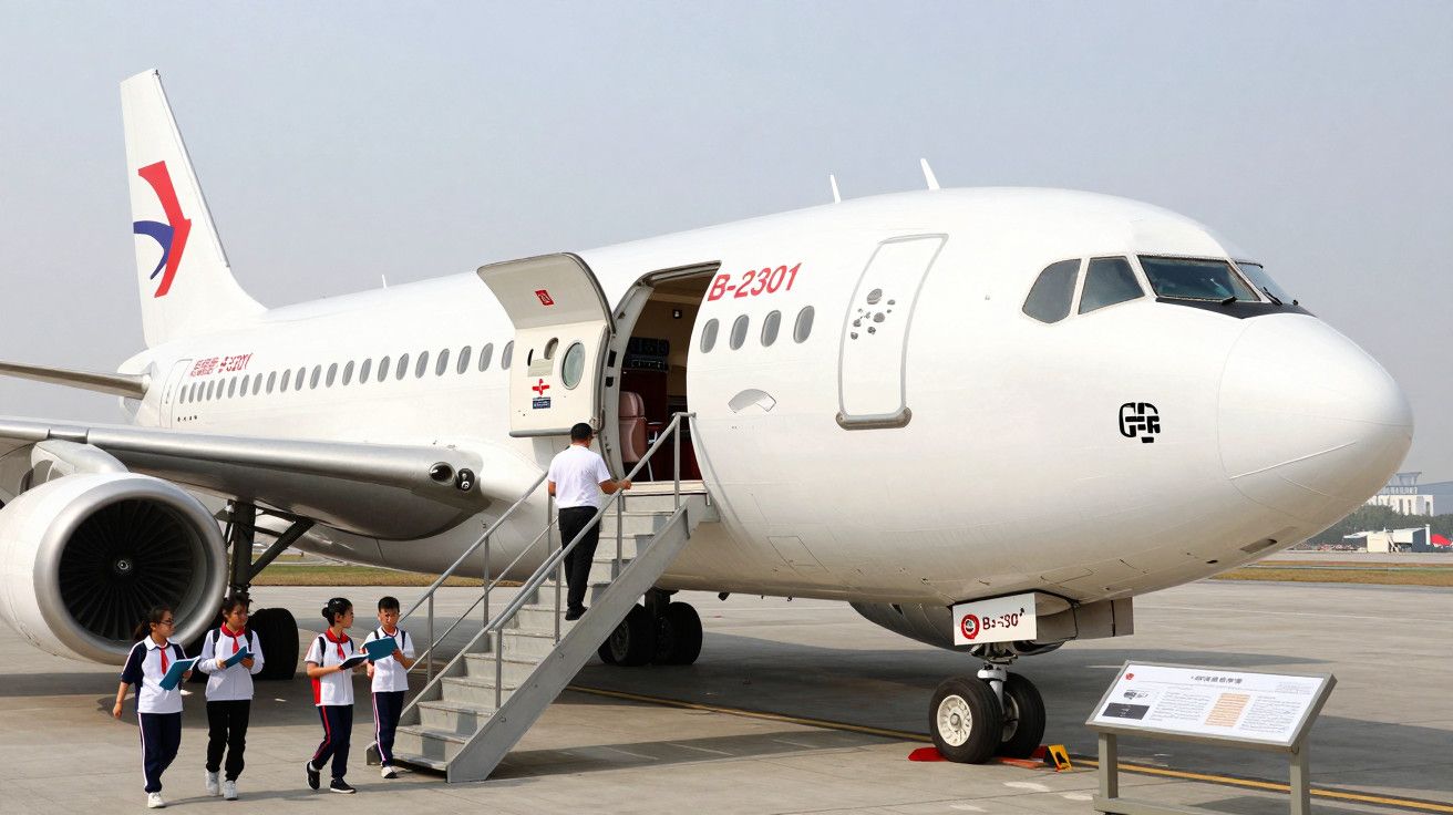 Avião branco estacionado na pista com pessoas a entrar pela escada frontal e outras a sair.