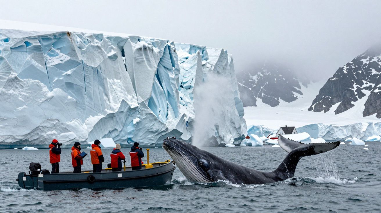 Barco com pessoas a observar uma baleia-jubarte emergindo no mar, com grandes glaciares ao fundo.