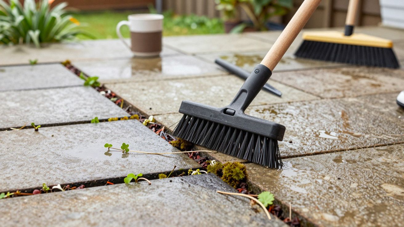 Pessoas varrem uma área pavimentada com vassouras; ervas daninhas e água na superfície. Caneca ao fundo.