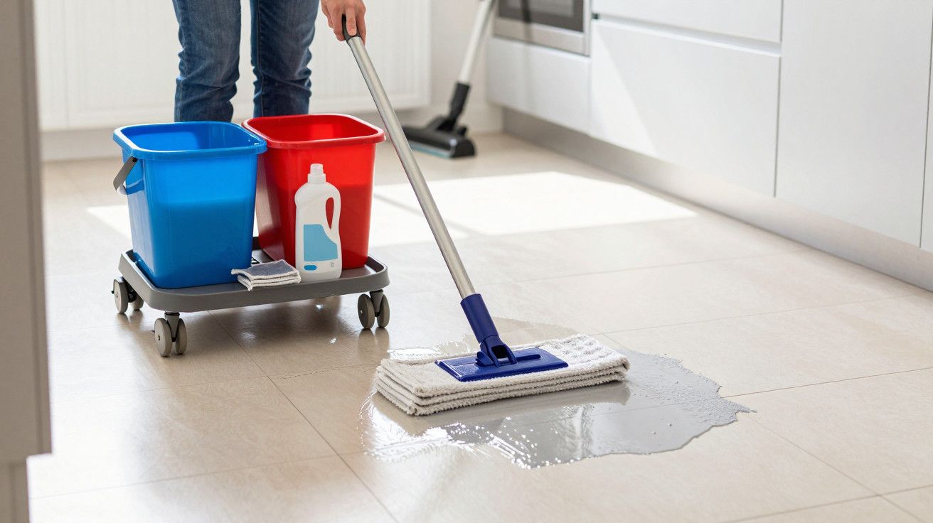 Pessoa a limpar o chão da cozinha com esfregona e balde azul e vermelho, garrafa de detergente ao lado.