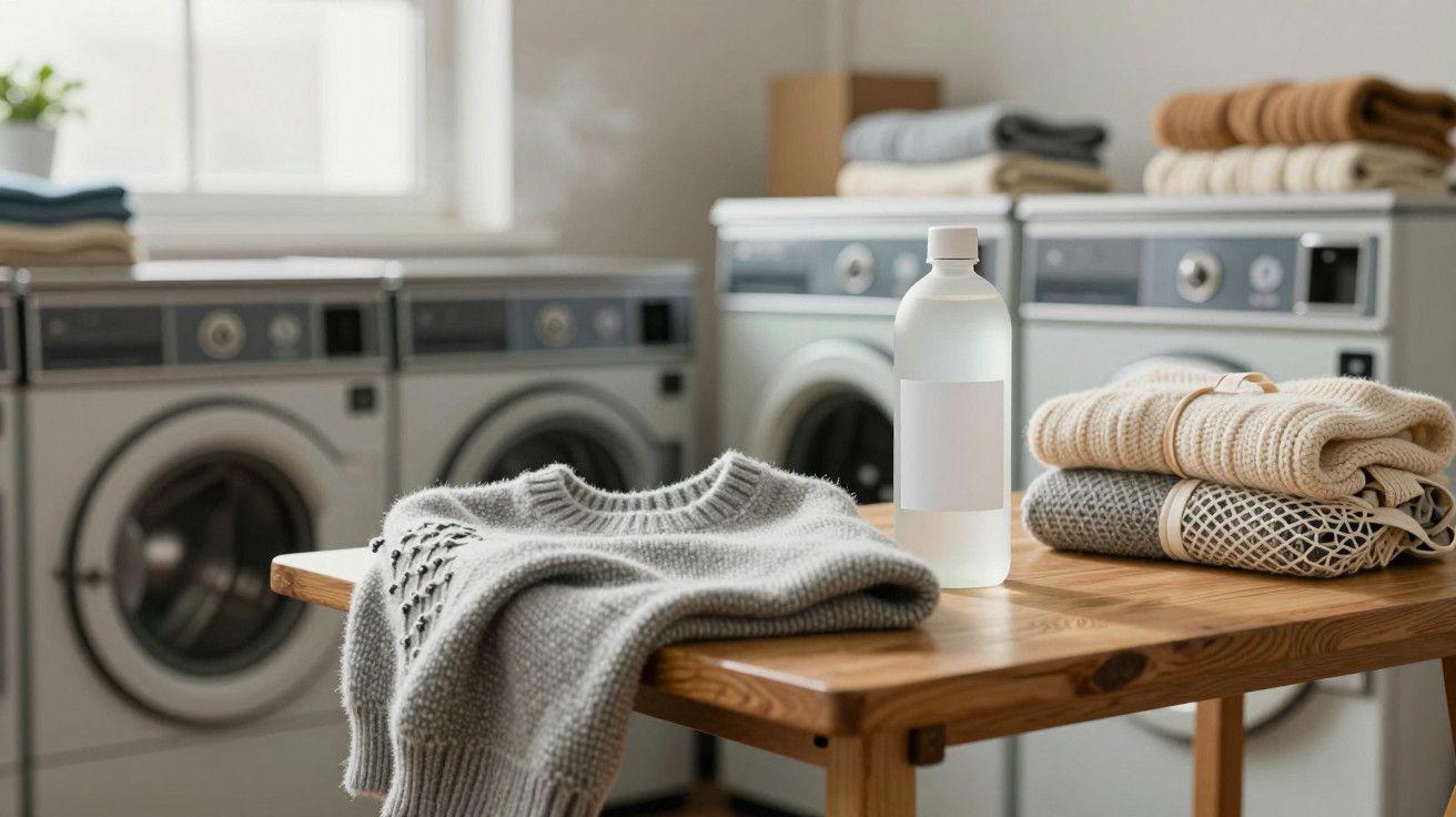 Mesa de madeira com camisola cinza, garrafa de detergente e roupa dobrada; máquinas de lavar ao fundo.