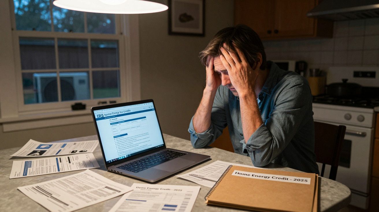 Homem preocupado com documentos e portátil numa mesa da cozinha.