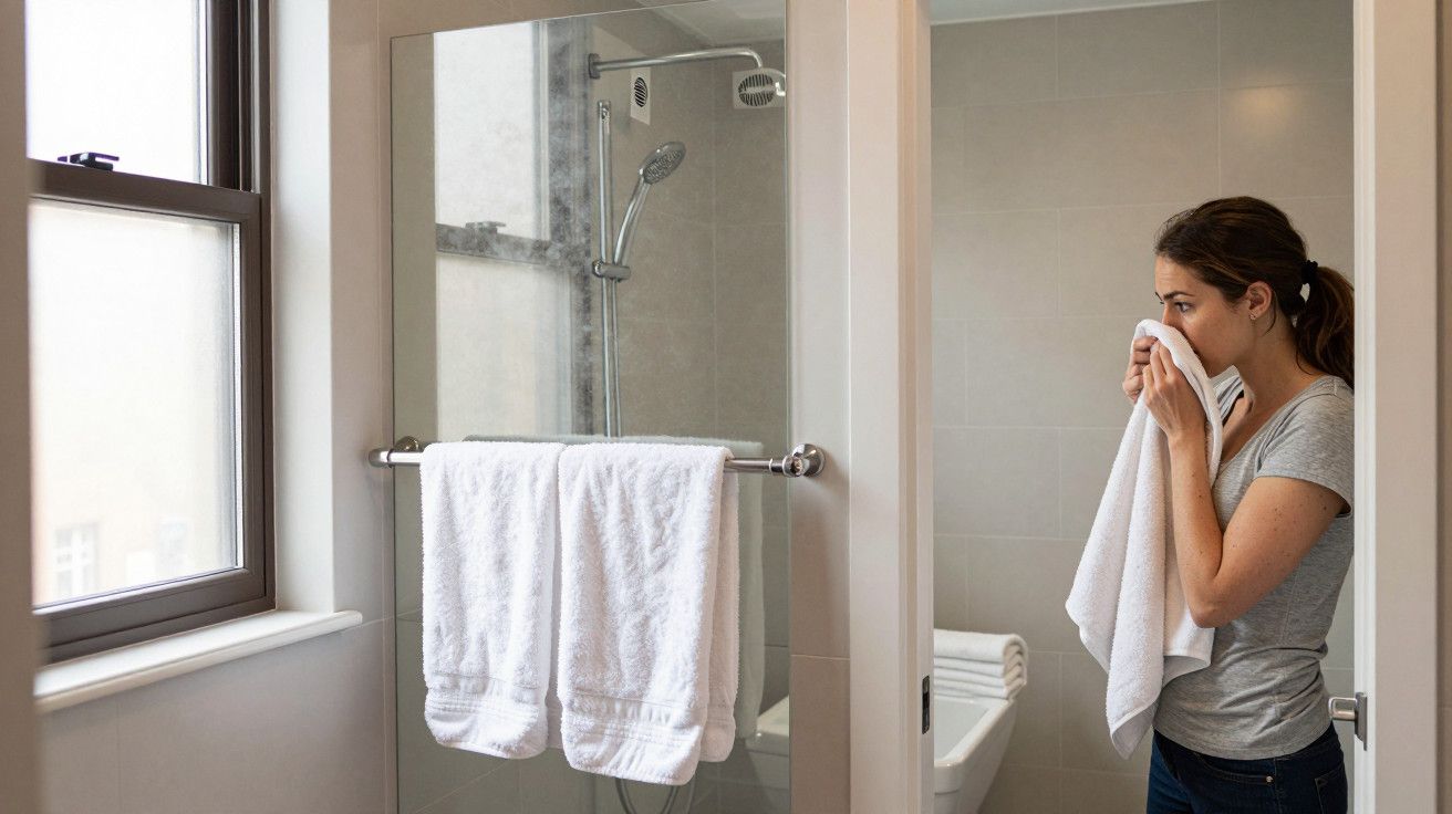 Mulher num banheiro, de pé, tapando o nariz com uma toalha branca. Toalhas penduradas na porta do chuveiro.