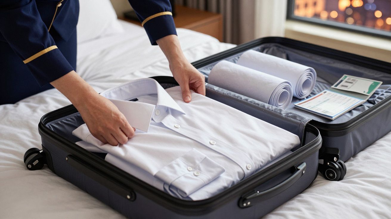 Pessoa a arrumar camisa branca numa mala aberta sobre a cama, com documentos e roupas enroladas ao lado.