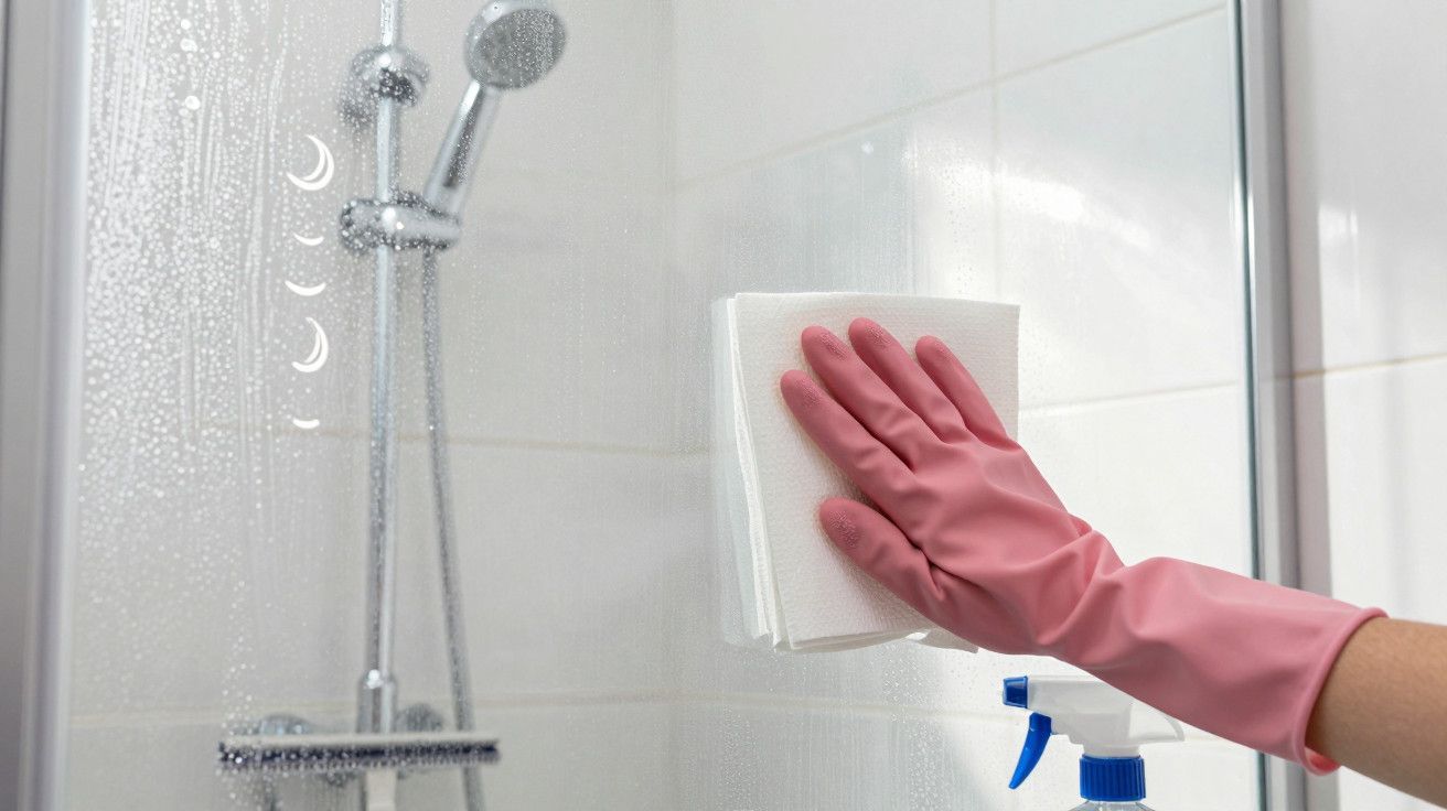 Mão com luva de borracha rosa limpa porta de duche com pano de papel, garrafa de spray ao lado.