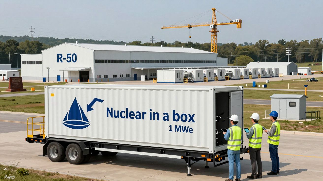 Contentor branco com texto "Nuclear in a box 1 MWe" num parque industrial, com quatro pessoas a observar.