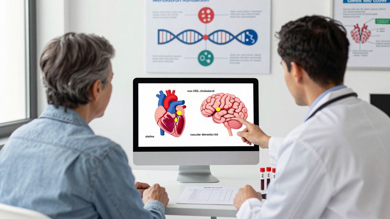 Médico mostra imagem de cérebro e coração no computador a paciente numa consulta médica.