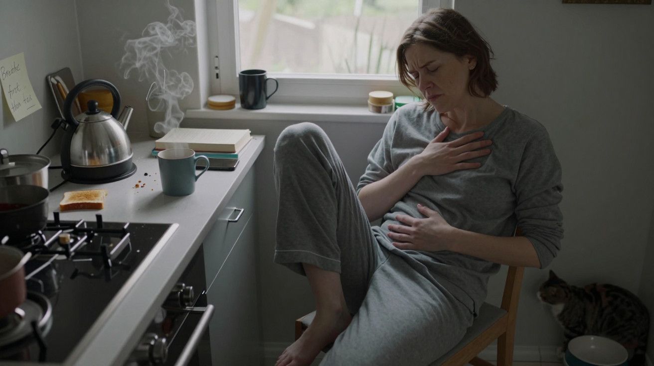 Mulher de pijama sentada na cozinha, com mão no peito, expressão de desconforto. Tacho no fogão e gato no chão.