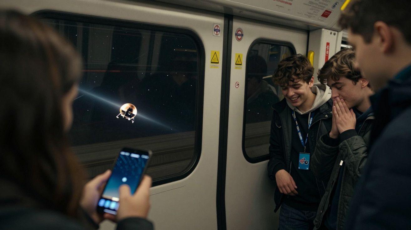 Jovens no metro interagem com um dispositivo móvel, visualizando uma imagem de um astronauta na janela.