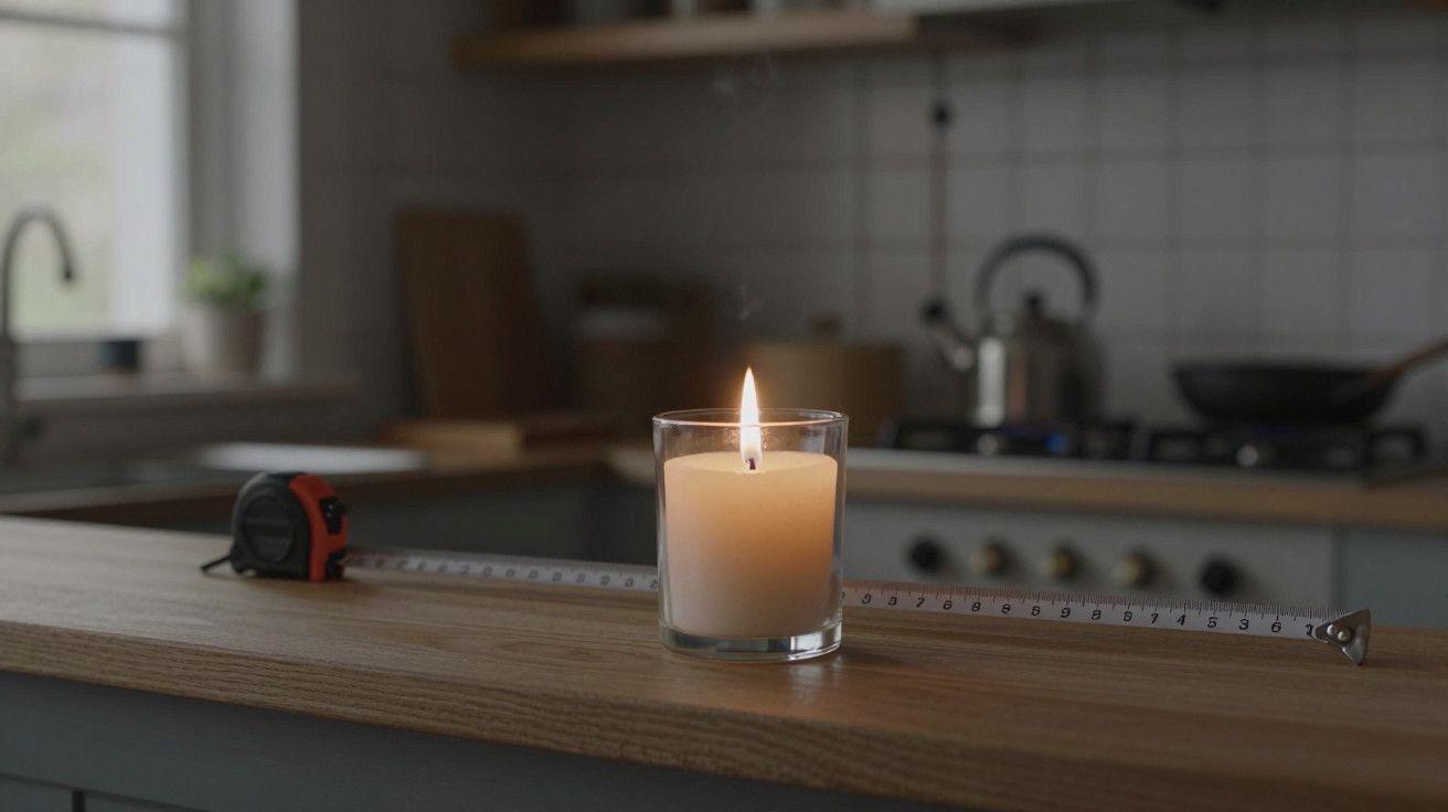Vela acesa num copo de vidro num balcão de cozinha com fita métrica ao lado. Cozinha moderna ao fundo.