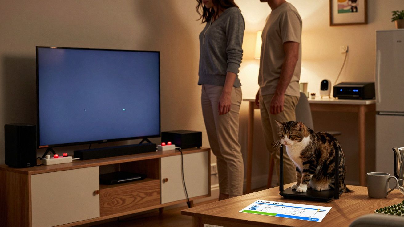 Sala com casal em pé, televisão desligada, gato em cima de uma balança e mesa com projetor de informação luminosa.