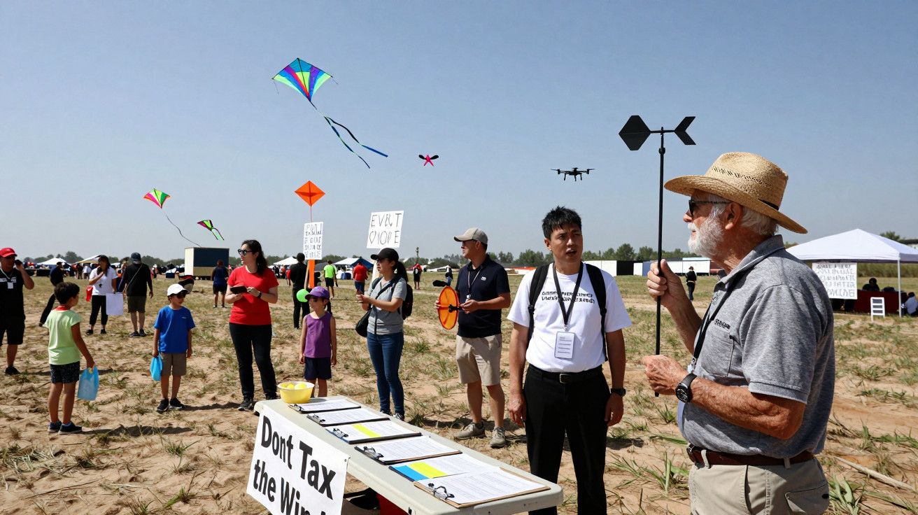 Pessoas num campo voam papagaios e usam drones; uma mesa informa "Don't Tax the Wind".