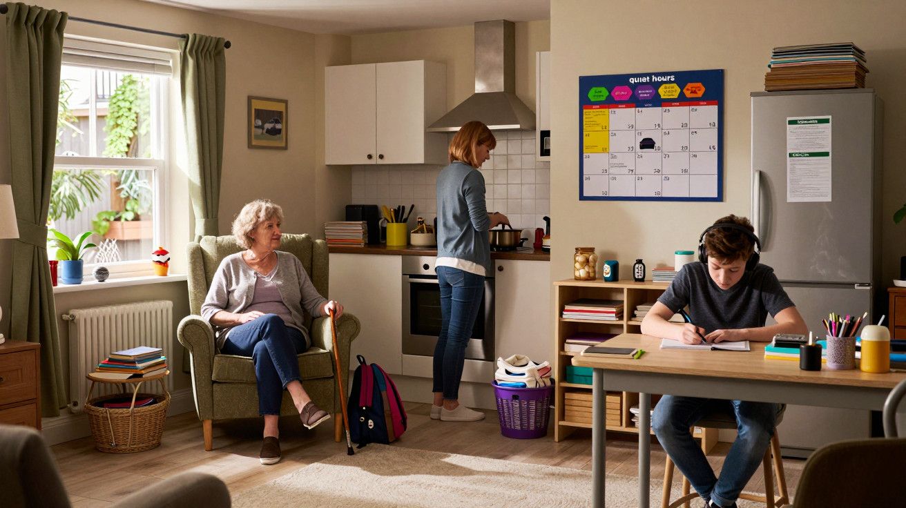 Sala com uma mulher a cozinhar, um rapaz a estudar numa mesa e uma idosa sentada numa poltrona.